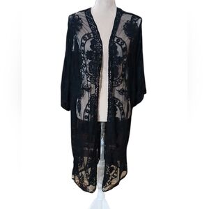 Maxi Black Open Kimono Lacy Embroidered Whimsical Grunge Romantic Fairy